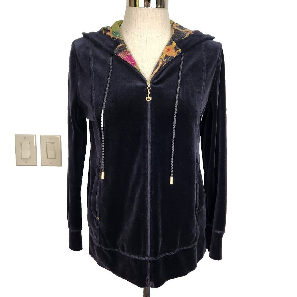St. John Sport Velour Full Zip Hoodie Womens S Black‎ Relaxed Fit Old Money